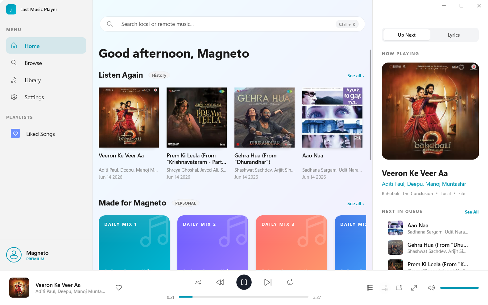 Last Music Player home screen showing music lists, custom local mixes, playback control, and library views.