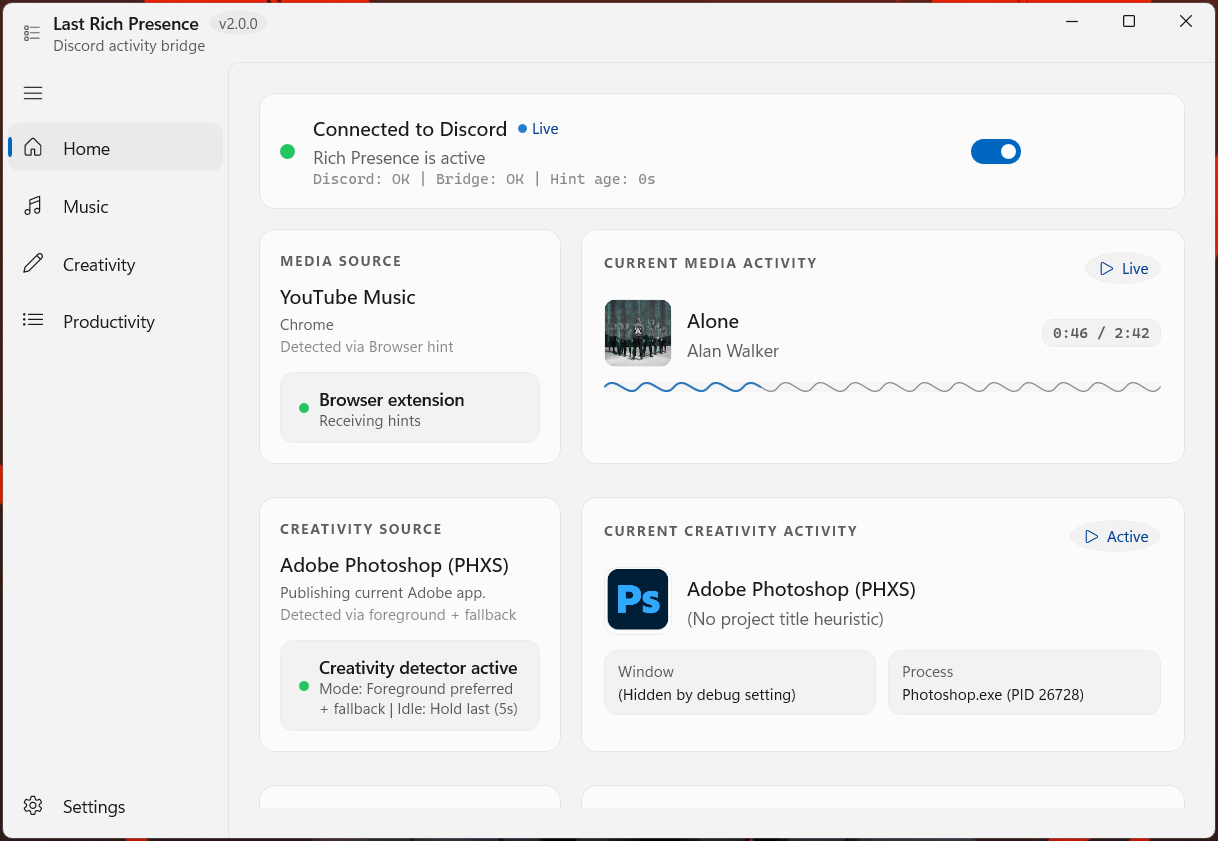 Last Rich Presence home view: connected to Discord, media activity detected from YouTube Music via a browser hint, and creativity activity detected from Adobe Photoshop