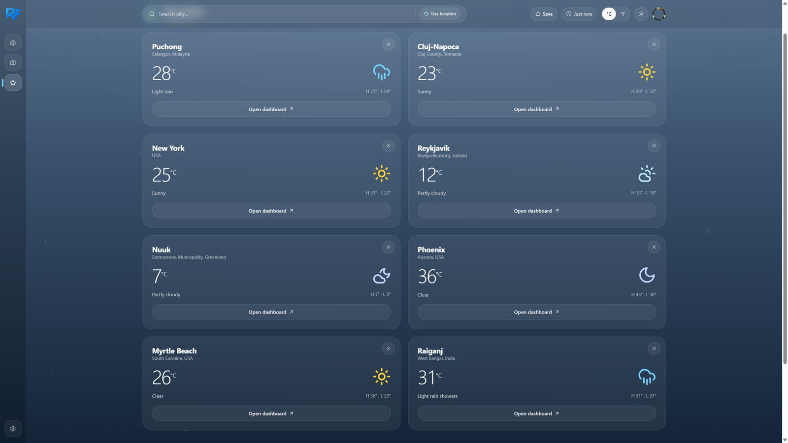 Favourites view: a grid of saved city cards including Puchong, Cluj-Napoca, New York, Reykjavik, Nuuk, Phoenix, Myrtle Beach and Raiganj, each showing current temperature, condition, and the day's high and low
