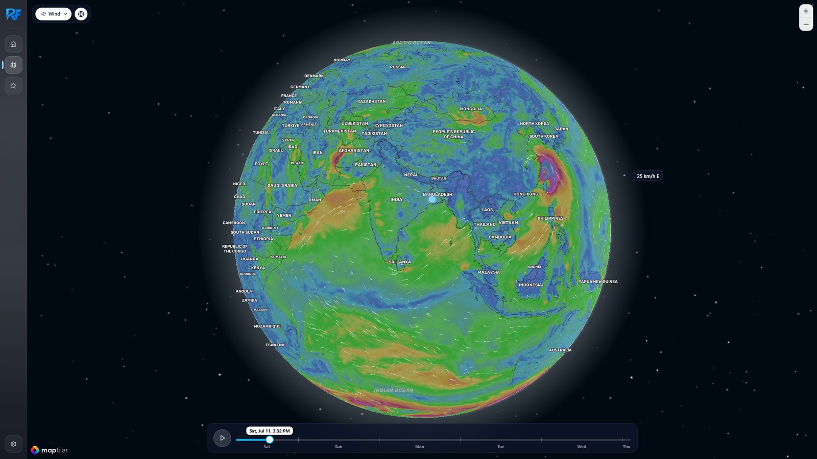 The interactive weather globe against a starfield, showing the wind layer wrapped around the Earth with a cyclone visible near Japan