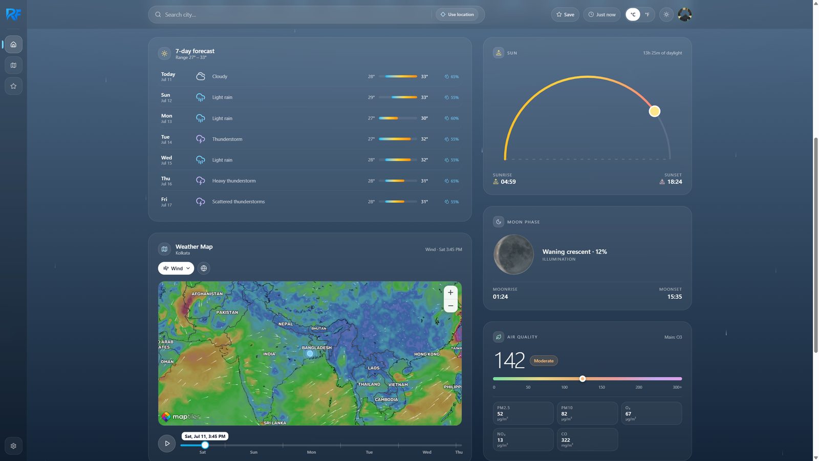 Seven-day forecast with low-to-high range bars, an embedded weather map, and cards for sun position, moon phase, and detailed air quality