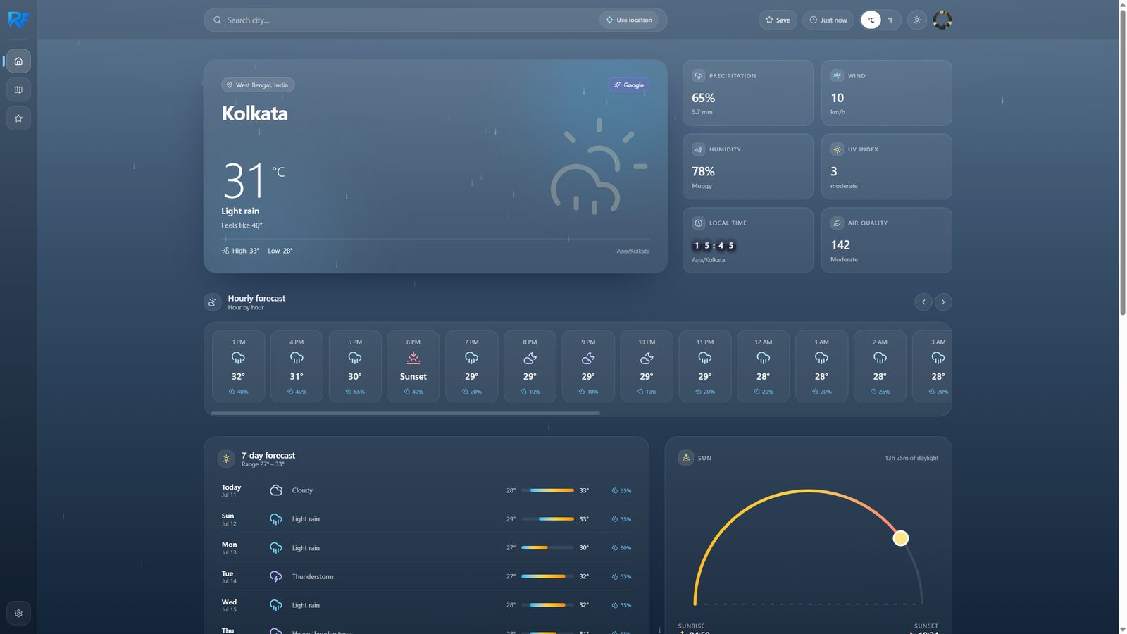 RainFrames home dashboard for Kolkata in light rain: a large current-conditions card, a grid of six metrics, and an hourly forecast strip