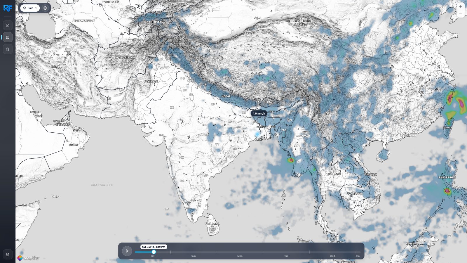 Rain layer showing forecast precipitation intensity across the region