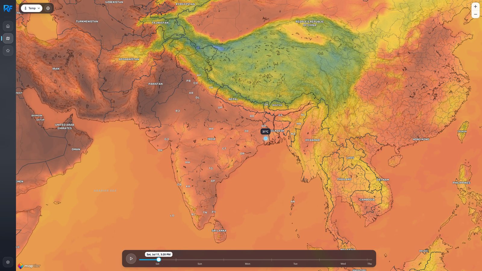 Temperature layer, a warm orange field across India with a cool green and blue band over the Himalayas and Tibetan Plateau
