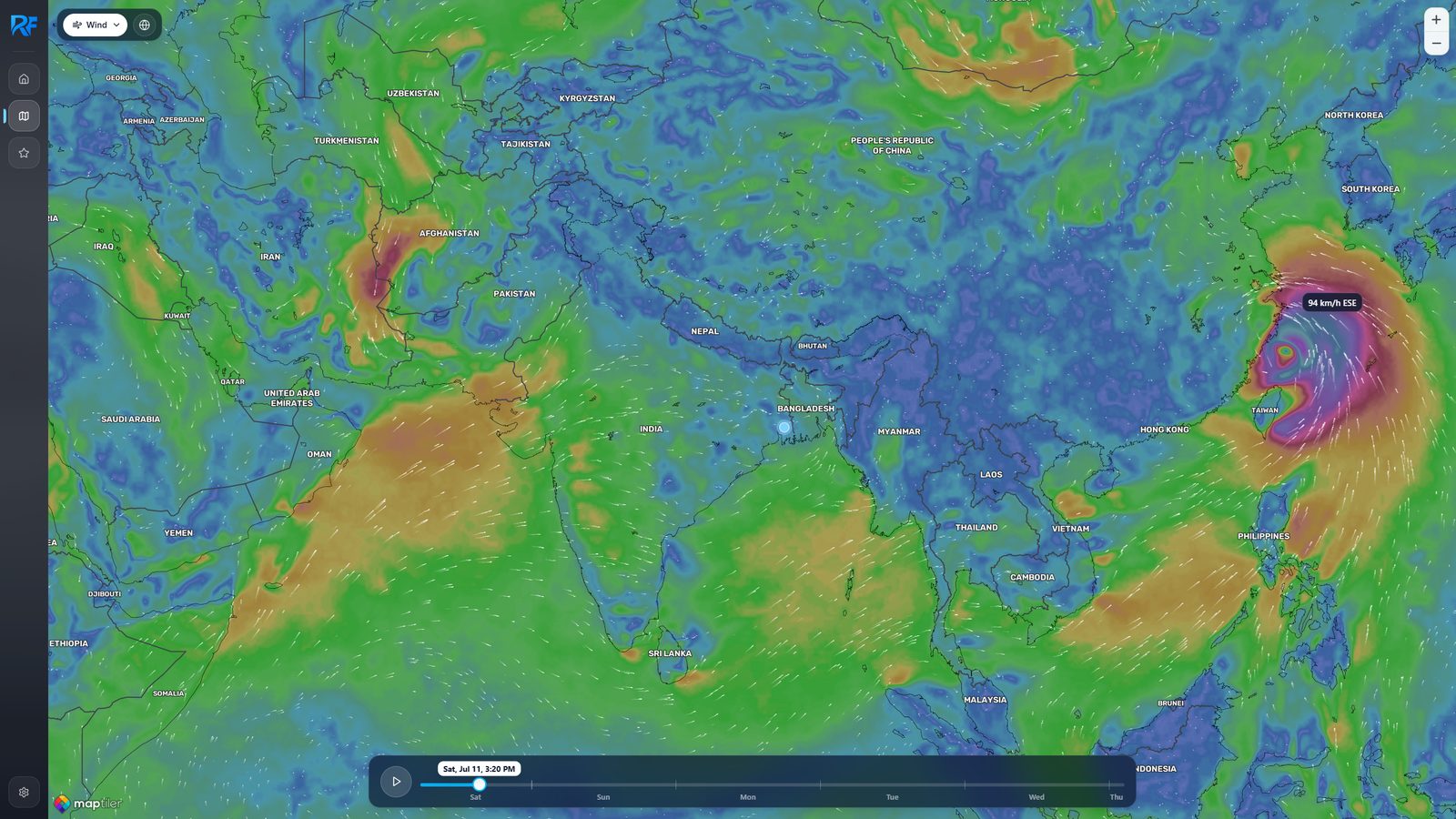 Wind layer with speed shown as colour and direction as flowing white streamlines