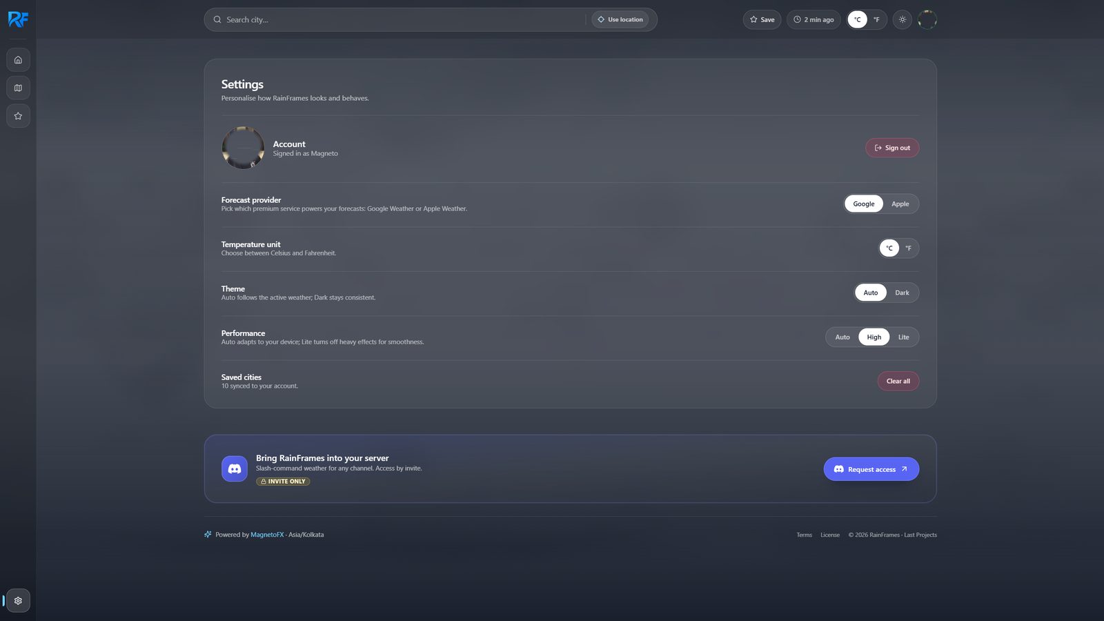 Settings page with controls for account, forecast provider, temperature unit, theme, performance, and saved cities